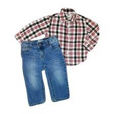 9 Month Oshkosh Adjustable waist Jeans  Red Plaid Button Down LS Shirt Outfit