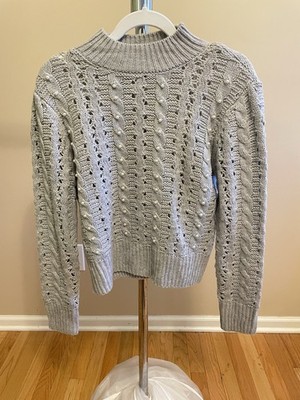 Sofie E - Womens Cable Knit Pearl Embellished Mock Neck Sweater Gray Medium NWOT