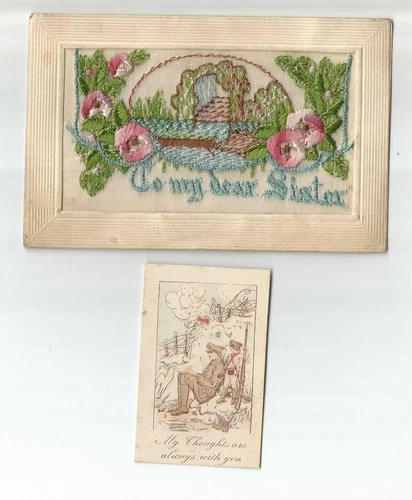 SILK WOVEN - FLAP & INSERT CARD - TO MY DEAR SISTER - WW1  POSTCARD - MILITARY