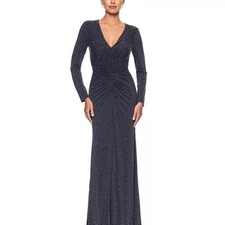 XSCAPE Women's Rhinestone-Embellished Ruched Gown Black Long Sleeve Sz 16P