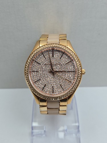 Michael Kors Slim Runway Womens Rose Gold Crystal Pave Acetate Watch New Battery Michael Kors Slim Runway Womens Rose Gold Crystal Pave Acetate Watch New Battery