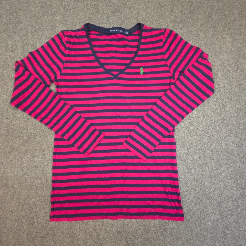 Camisa Ralph Lauren Mujer PEQUEÑA Rosa Manga Larga Algodón Cuello en V Rayas Talla S Foto 2 de 4