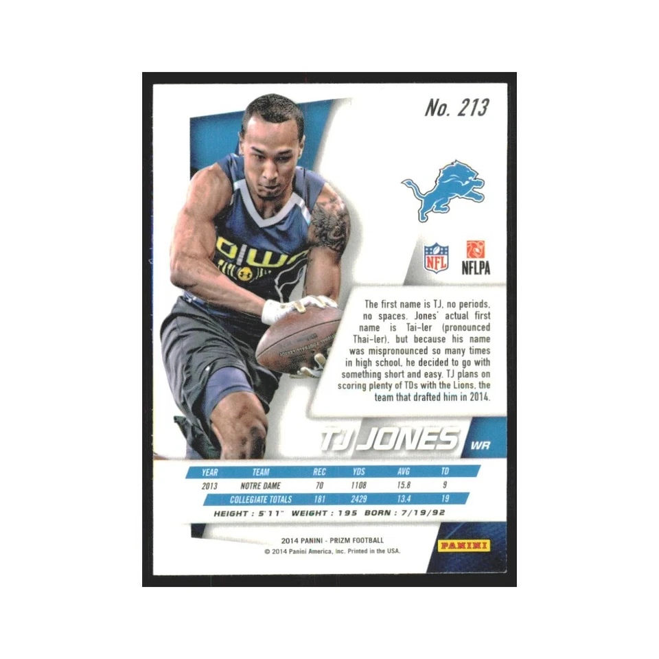 2014 Panini Prizm TJ Jones RC Lions #213 - Image 2 of 3
