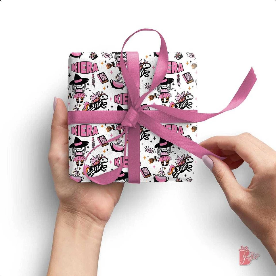 Papel de envolver regalo de Halloween personalizado con nombre coral unicornio envoltura de regalo 24" Foto 2 de 4