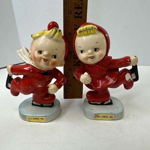 Vintage Lake Geneva Wisconsin Ice Skaters Salt & Pepper Shakers Japan SP32 - Afbeelding 7 van 7