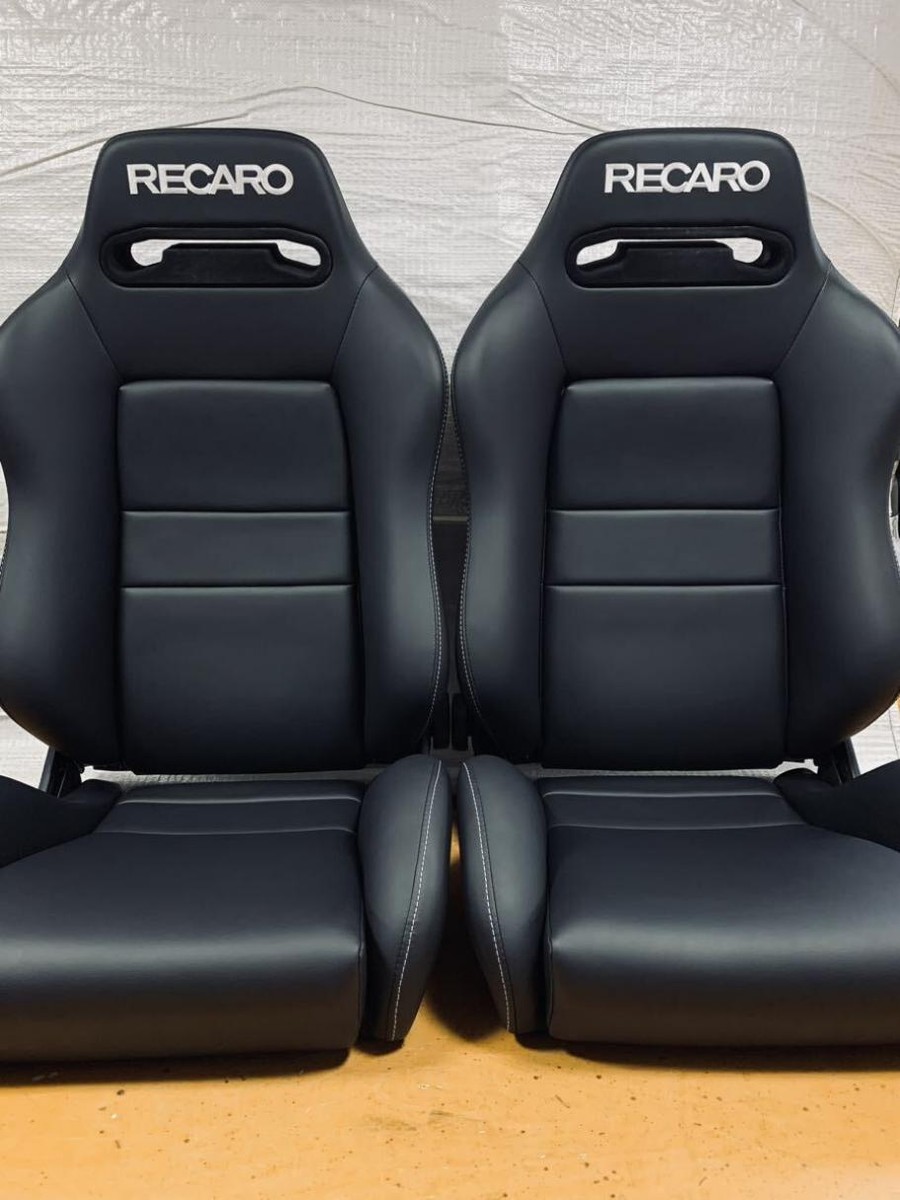 RECARO SR-3 Seats Black Faux Leather Reupholstered White Stitch  