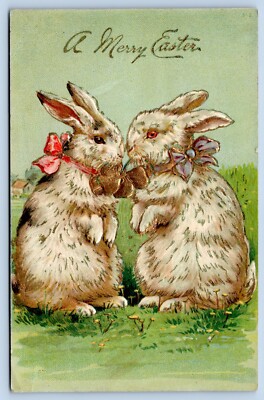 1907 EASTER postcard white rabbits rub noses gold pink bows