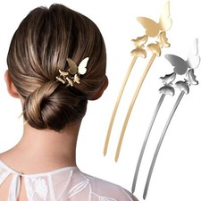 2pcs Butterfly U Shaped Hair Pins Metal French Retro Fork gold sliver