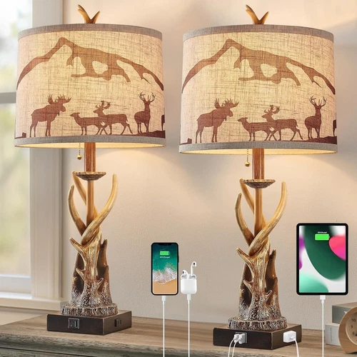 Antler Table Lamps Set of 2 for Bedroom, Farmhouse Rustic Antler Deer Bedside...