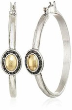 NEW LUCKY BRAND SILVER+BRASS 2 TONE,BLACK CRYSTALS HOOP EARRINGS JWEL0988