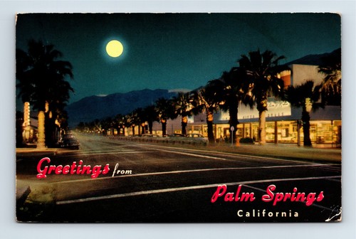 Saluti da Palm Springs, CA. Cartolina cromata anni 50 luna piena Canyon Drive.. - Foto 2 di 3