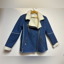 J.o.a Los Angeles Sherpa Denim Full Zip Long Sleeve Blue Jacket Size S