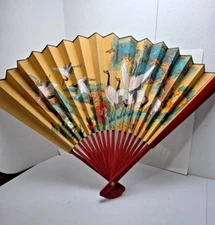 Giant Asian Shandong Fan Hanging Wall Decor Painted BIRDS & FLOWERS  33” X  20"