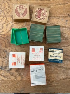 Assorted  Vintage Glass Microscope Slides, Filter Paper, Slide holder