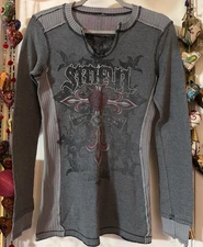 Vtg Y2K Womens Sinful By Affliction Gray/Black/Red Reversible Thermal Top Size S