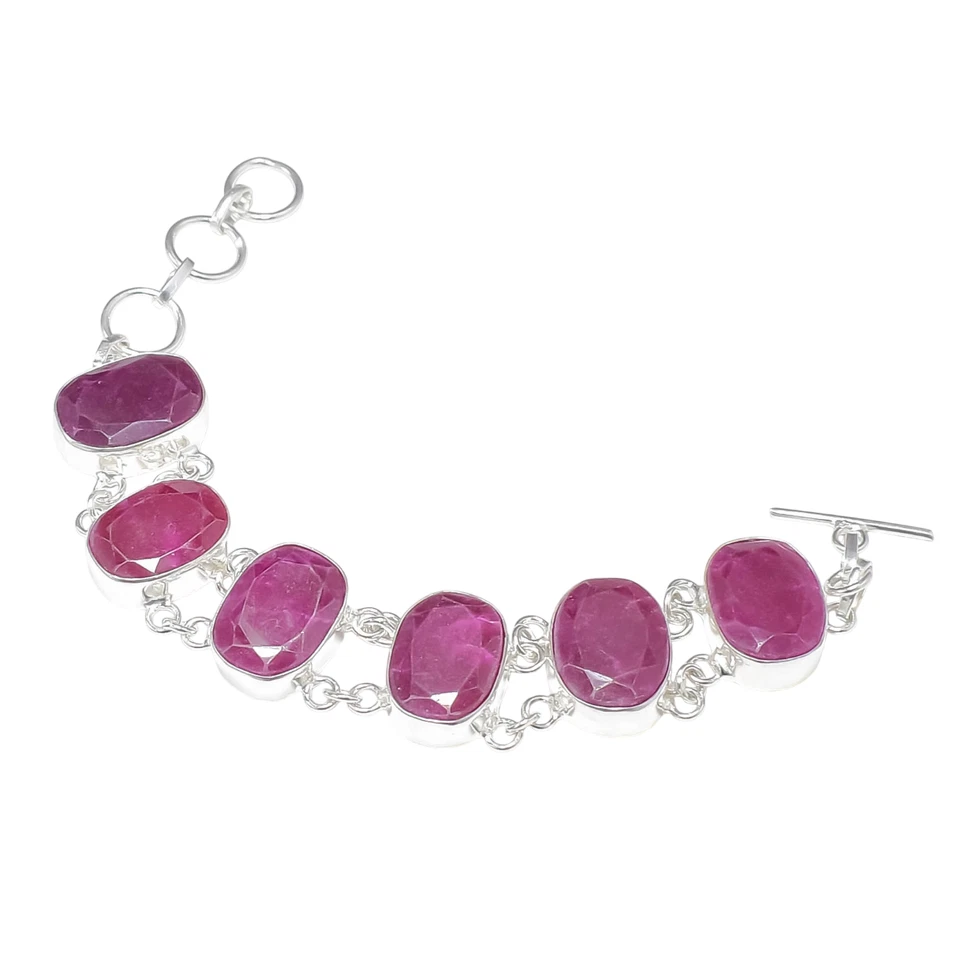 Pink Kashmiri Ruby Gemstone Handmade  925 Sterling Silver Jewelry Chain Bracelet - Image 3 of 4