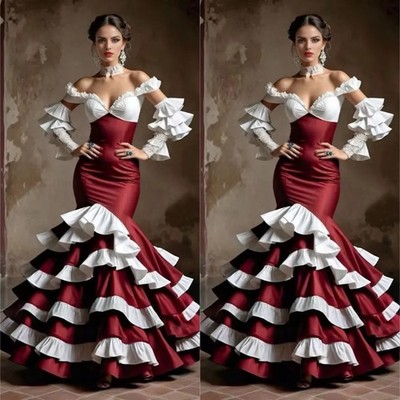 Red White Contrast Mermaid Evening Gowns Festive Custom Spanish Flamenco Dance