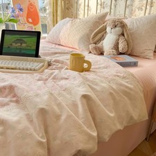 Motntd Pink Floral Duvet Cover Twin Xl White Lace-Trimmed Comforter Cover Twin