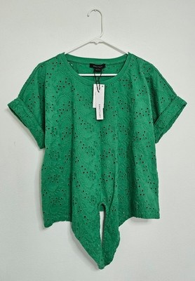 SANCTUARY Tie Front Womens Top Sz. L Green Eyelet Short Sleeve Rolled Cuffs NWT