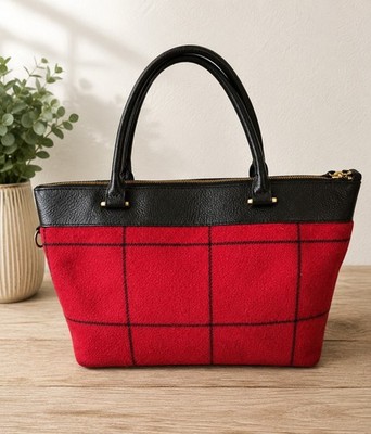 Talbots Ventana Red Wool Windowpane Plaid Satchel Handbag Black Leather NO STRAP