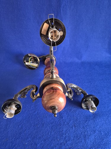 VINTAGE WOOD & ANTIQUE STYLE BRASS FINISH 3 ARM CHANDELIER - NEEDS SHADES 14" W - Picture 3 of 8