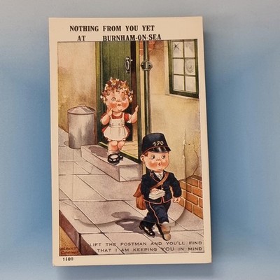 Burnham auf See Postkarte um 1920 Neuheit Postbote zieht Albert Carnell Somerset ab