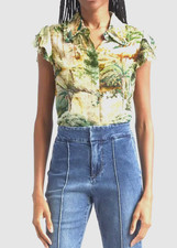 ✨ $590 Designer Top ESCADA Floral Rio Print Short Sleeve Button Up Dress Shirt ✨