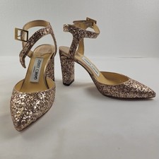 Jimmy Choo Rose Gold Glitter Ankle Strap Pointed Toe Block Heel Pumps EU34 US4