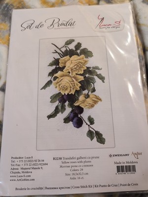 New Luca-S Cross Stitch Kit Yellow Roses With Plums, 16ct, 18.5x32.5cm