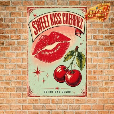 Cherry Lips Retro Pinup Bold Red Icon Illustration Metal Tin Sign 8x12