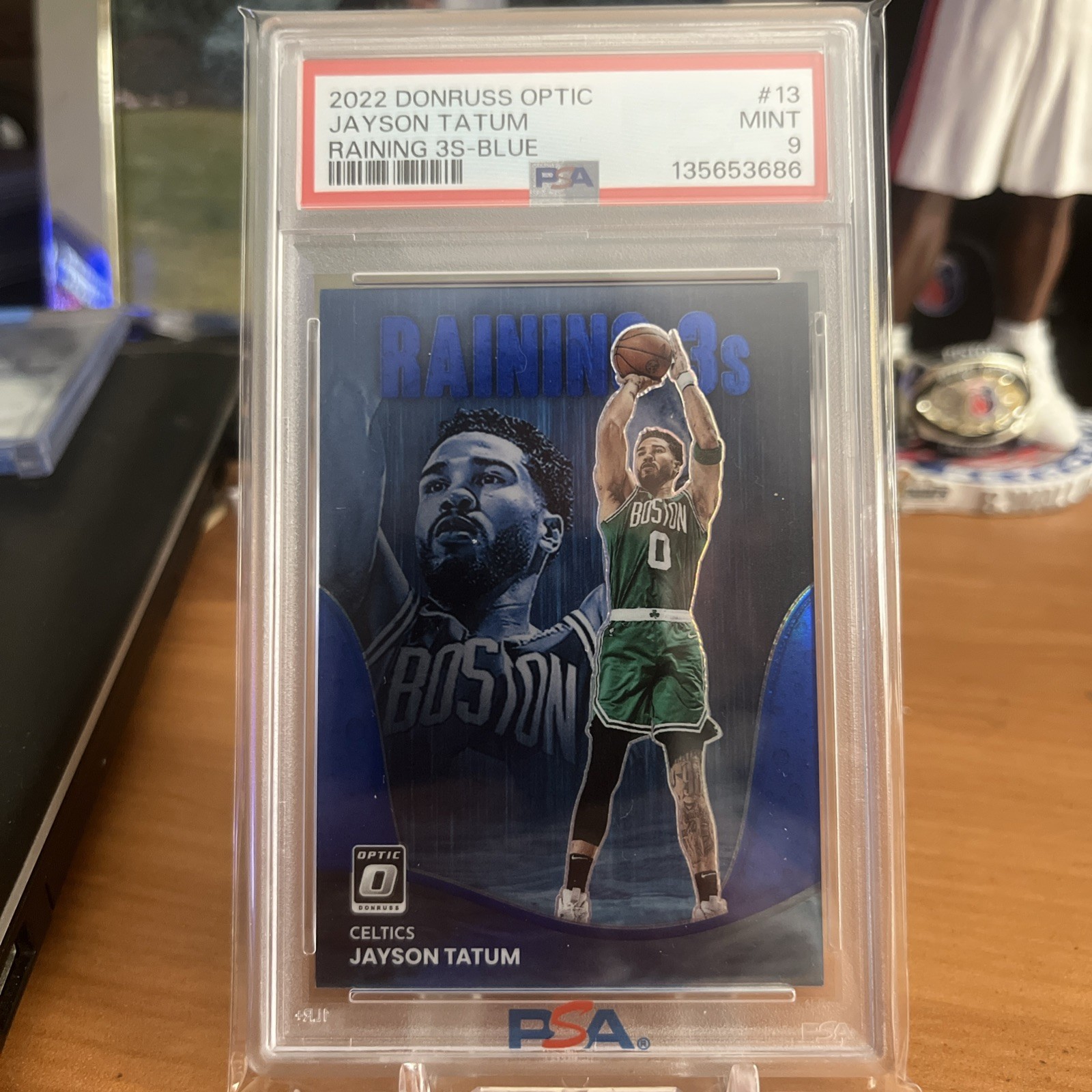 Jayson Tatum 2022 Donruss Optic #13 Raining 3s Blue Prizm /49 Low POP Mint PSA9