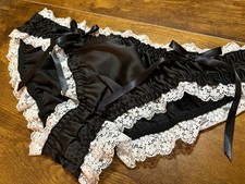 Mens Black Lace White Ruffled Edges Sissy Panties SIZE LARGE