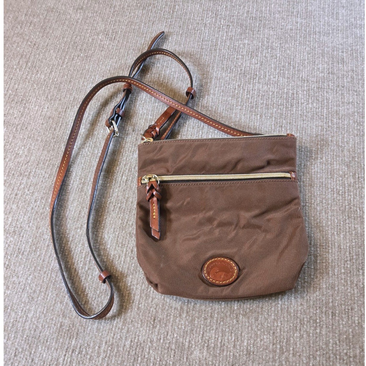 Dooney & Bourke Brown Nylon Crossbody Bag Leather Trim Small Messenger Purse