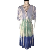 Simply Southern Tie Dye Midi Dress Blue Green Smocked Waist V-Neck Small Boho