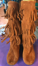 MINNETONKA BROWN SUEDE FRINGE MOCCASIN MID-CALF BOOTS STYLE 1632 SZ 7M