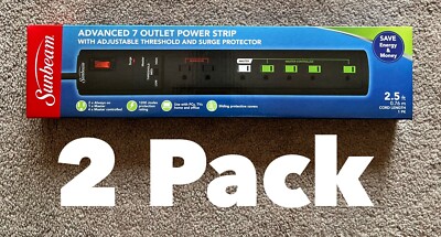 2 PK Sunbeam Advanced 7 Outlet Power Strip w/ Surge Protector For Home & Office