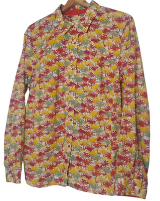 Talbots Blouse Large Long Sleeve Button Up Fall Trees Nature Autumn Earthy