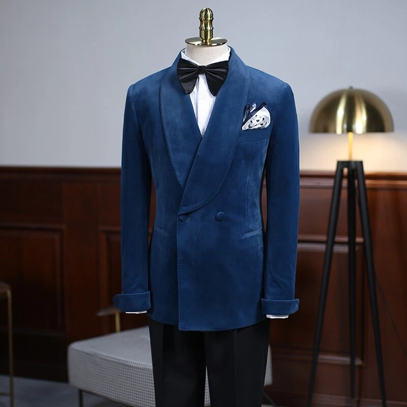 Hombres Trajes Azul Esmoquin Terciopelo Chal Cuello Chaqueta Doble Pecho Dos Botones Abrigo Foto 3 de 4
