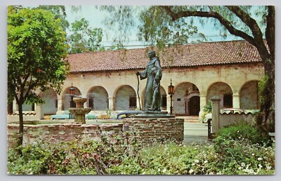 Mission Hills CA, Mission San Fernando Garden Junipero Serra Statue VTG Postcard