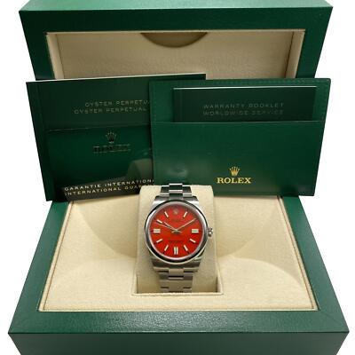 Rolex Auster Endlos Stahl Eigener Korallenrot Zifferblatt Automatisch Herren Uhr