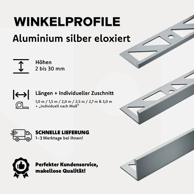 Fliesenschiene Fliesenprofil Alu silber Abschlussleisten H 2-30mm L 2,5 m/250 cm