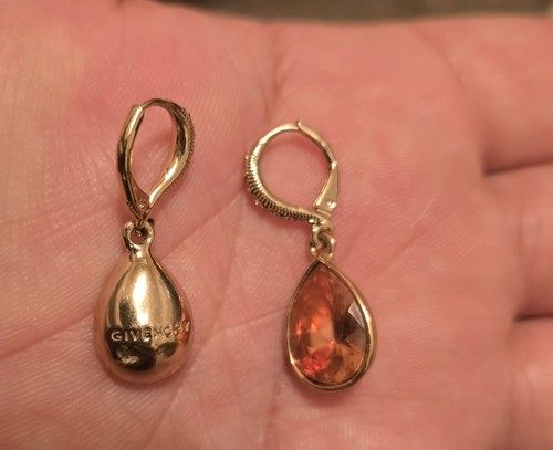 Vintage Givenchy crystal & stone peach teardrop earrings Z3
