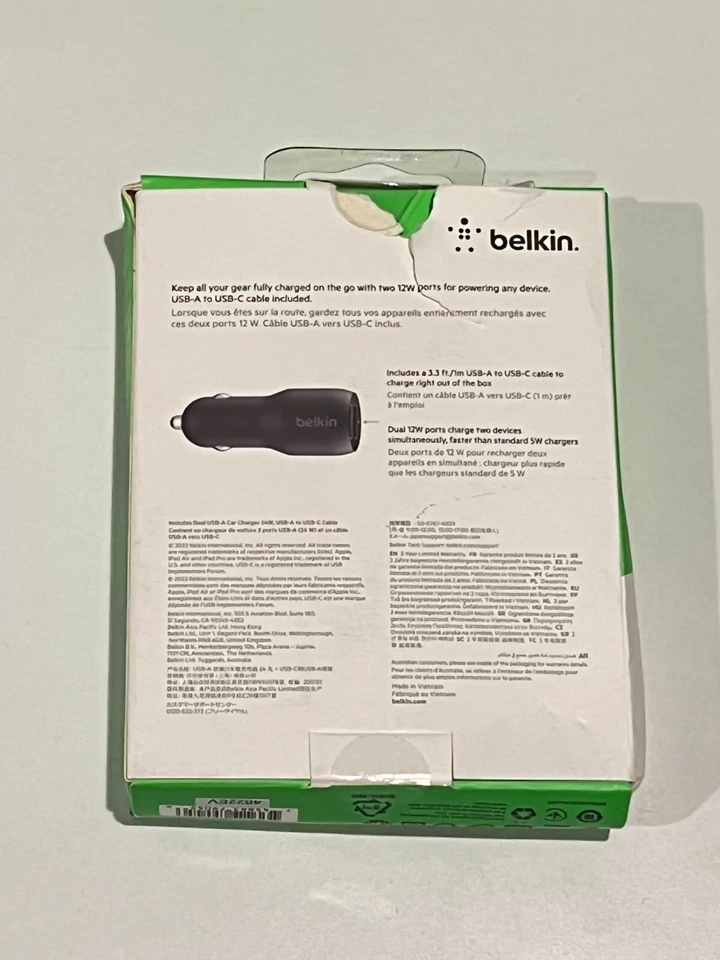 Cargador de Coche Doble Belkin USB-A 24W con Cable USB-C - Negro CAJA ABIERTA Foto 2 de 2