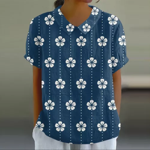 Damen Puppenkragen Hemd Baumwolle Leinen Blumenmuster Peter Pan Kragen Ärmel Shirts - Bild 20 von 56