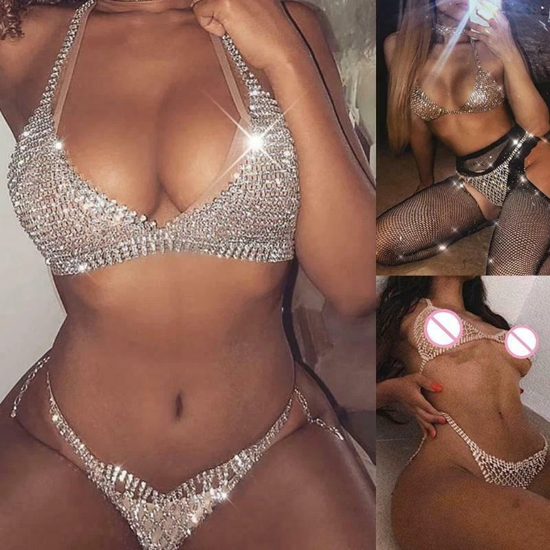 Mujeres Sexy Brillo Estrás Sujetador Bragas Conjunto Cadena Cristal Bikini Ropa Interior Foto 4 de 4