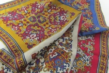 Silk Square Paisley Blue, Gold, Crimson, Tan w Hand Rolled Hem 19"