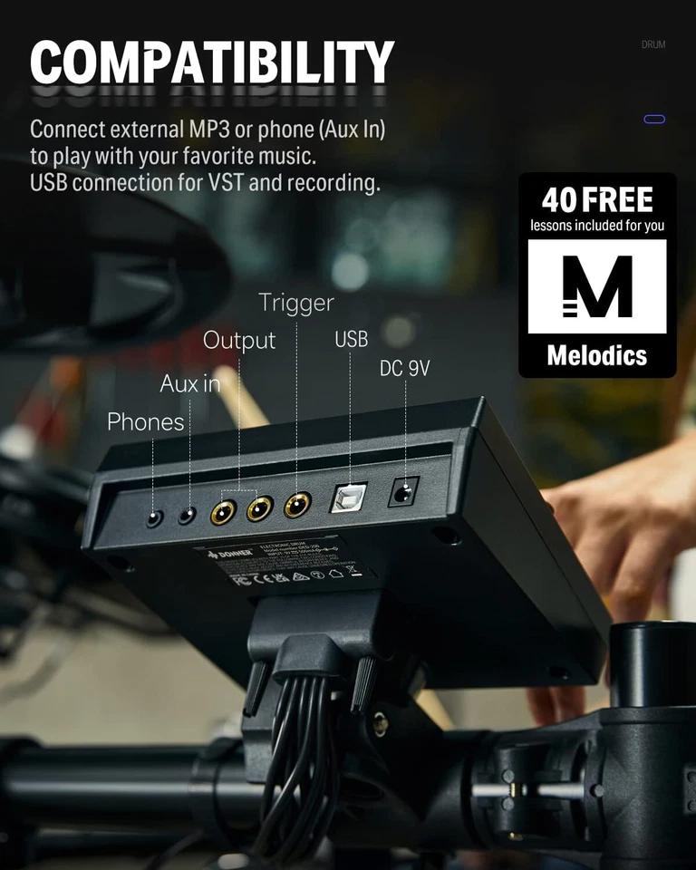 Donner DED-200 Electric Drum Kit Set Quiet Mesh Pads Dual Zone Snare With Throne - Image 3 of 4