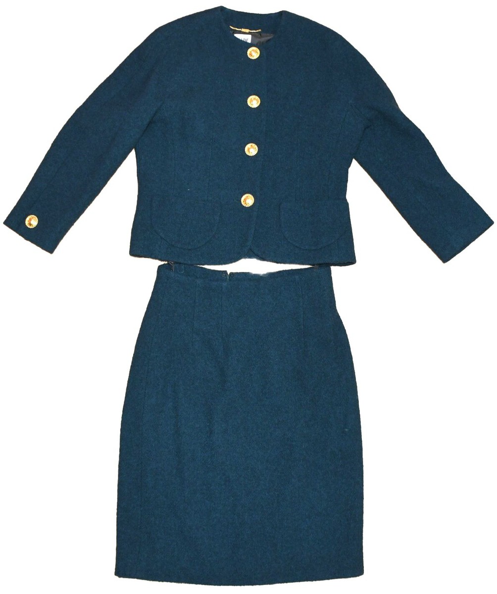 Celine Wool Jacket Skirt Suit Outfit Women's Set up blue green