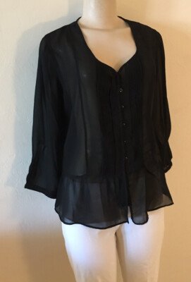 Soft Surroundings Blouse Top Black Sheer Pin Tuck S NWOT
