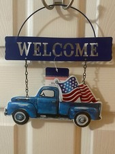 USA Truck Hanging Metal WELCOME DOOR SIGN Flag America 4th July Rustic Farmhouse